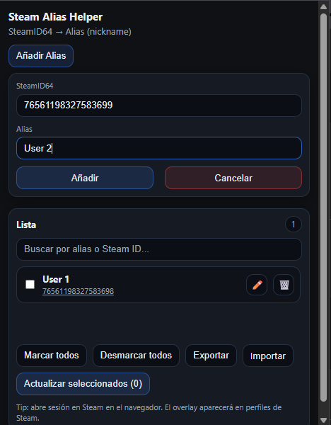 Interfaz principal de Steam Alias Helper
